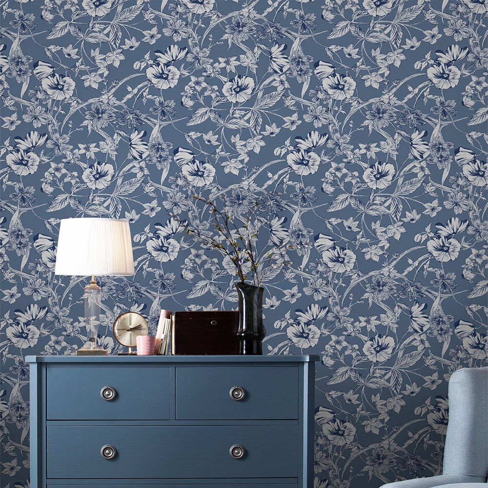 Summerhill Floral Wallpaper 118486 by Laura Ashley in Midnight Blue